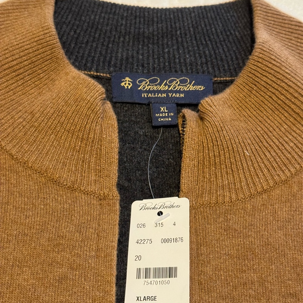 Brooks Brothers wool double full zip dark camel color sweater XL NWT